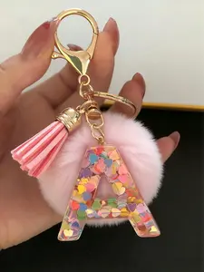 Colorful Resin Soft Pompom Keychain with Heart Letter Design, Cute Ball Drop Glue Keyring for Bags & Keys, Unique Gift Idea for Friends & Family, Trendy Cute Keychain, Stylish Keychain