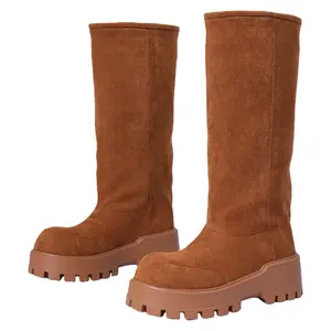 Womens Fashion Suede Leather Lamb Fur Mid Calf Warm Snow Boots Shoes with Chunky Sole and Stylish Design