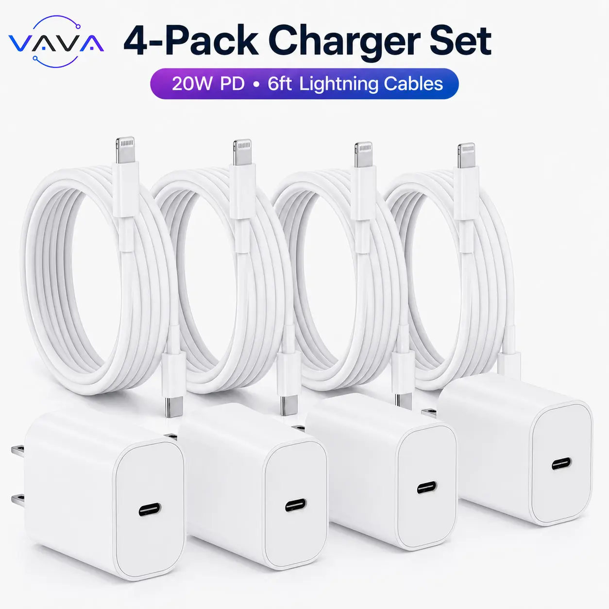 4 Pack iPhone Charger Set, 6FT Cable & 20W PD Fast Charger For iPhone14/13/12/11/XR/XS Max/8/7/6/5 iPad & AirPods Fast Charging Cord Cellphone