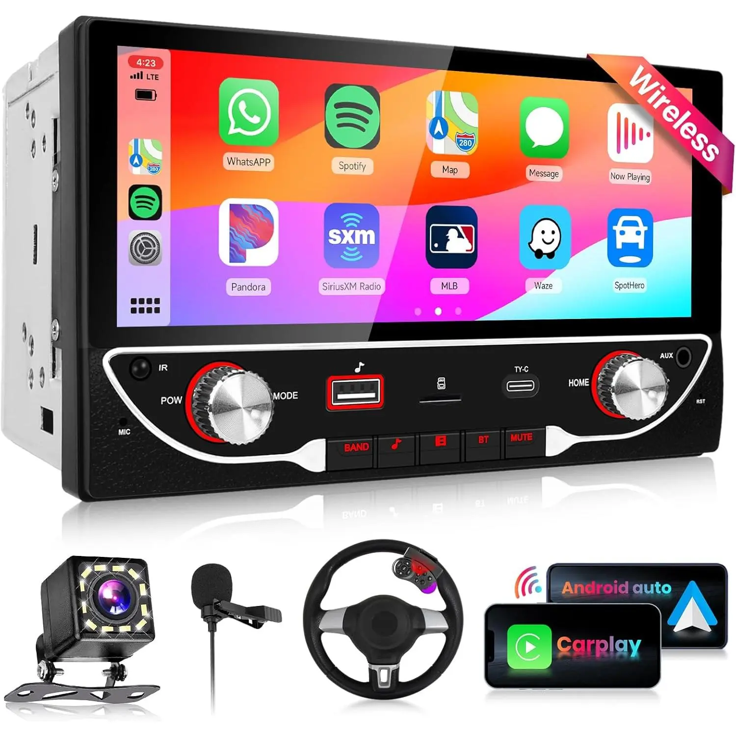 Upgrade Wireless Double Din Carplay Car Stereo with Android Auto Bluetooth 5.1, Podofo 6.86 inch Touchscreen Car Radio with MirrorLink, FM Radio,USB-A,USB-C for Fast Charging,Backup Camera,SWC,SummerVibes