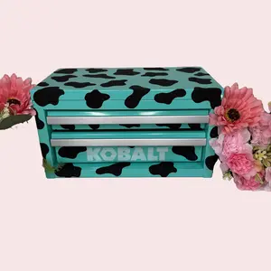 Kolbalt Western Jewelry Tool Box with Unique Cow Print Design Organiser Set - 2 Drawers Open Top Lid Soft Bottom Sparkling Spots