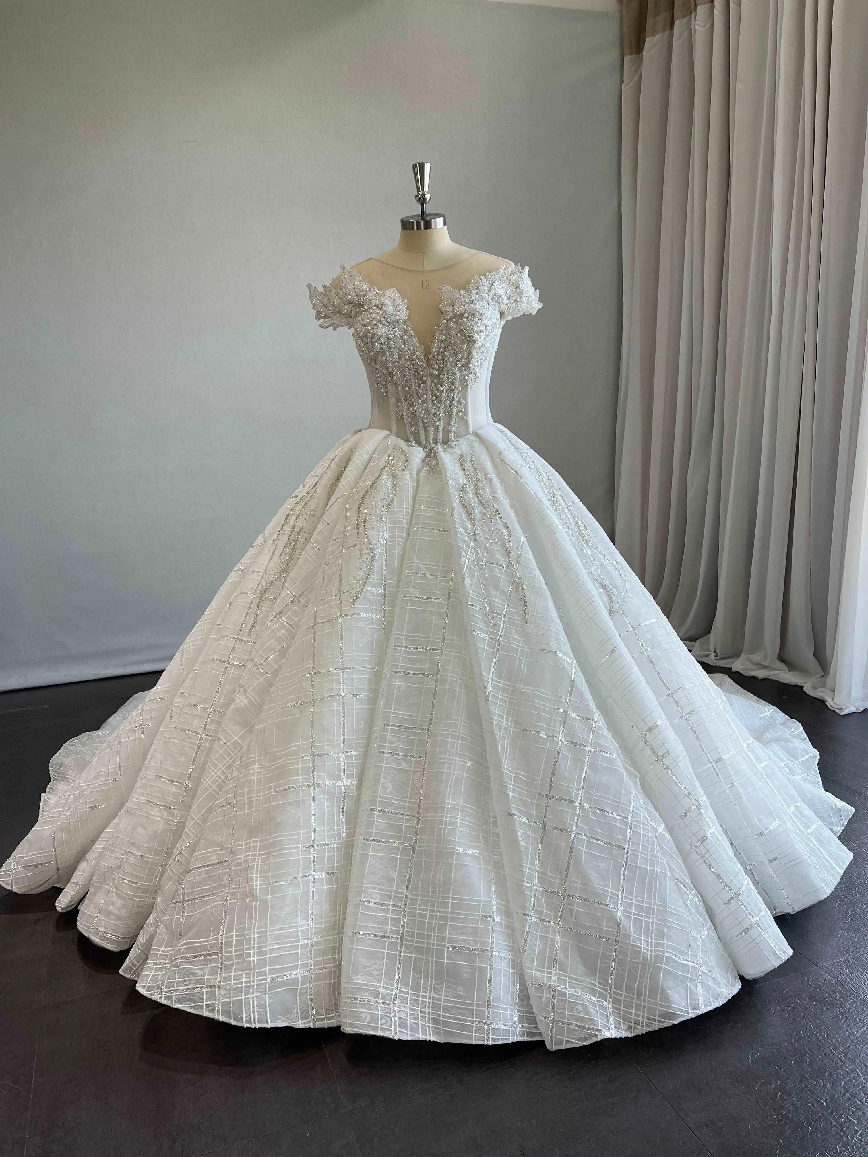 Women's Long Plaid Glitter Waves Satin Wedding Gown, Mia Style Off-Shoulder Gorgeous Dress with Beaded 3D Lace, Mixed Beading, Back Lace-Up Closure, Skirt Design