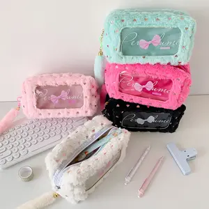 Cute Bow Plush Pencil Case for Girls, Aesthetic Korean Style Large Capacity Zipper Pouch, Soft Multi-Use Stationery & Makeup Organizer for Back to School, College, Travel & Daily Use