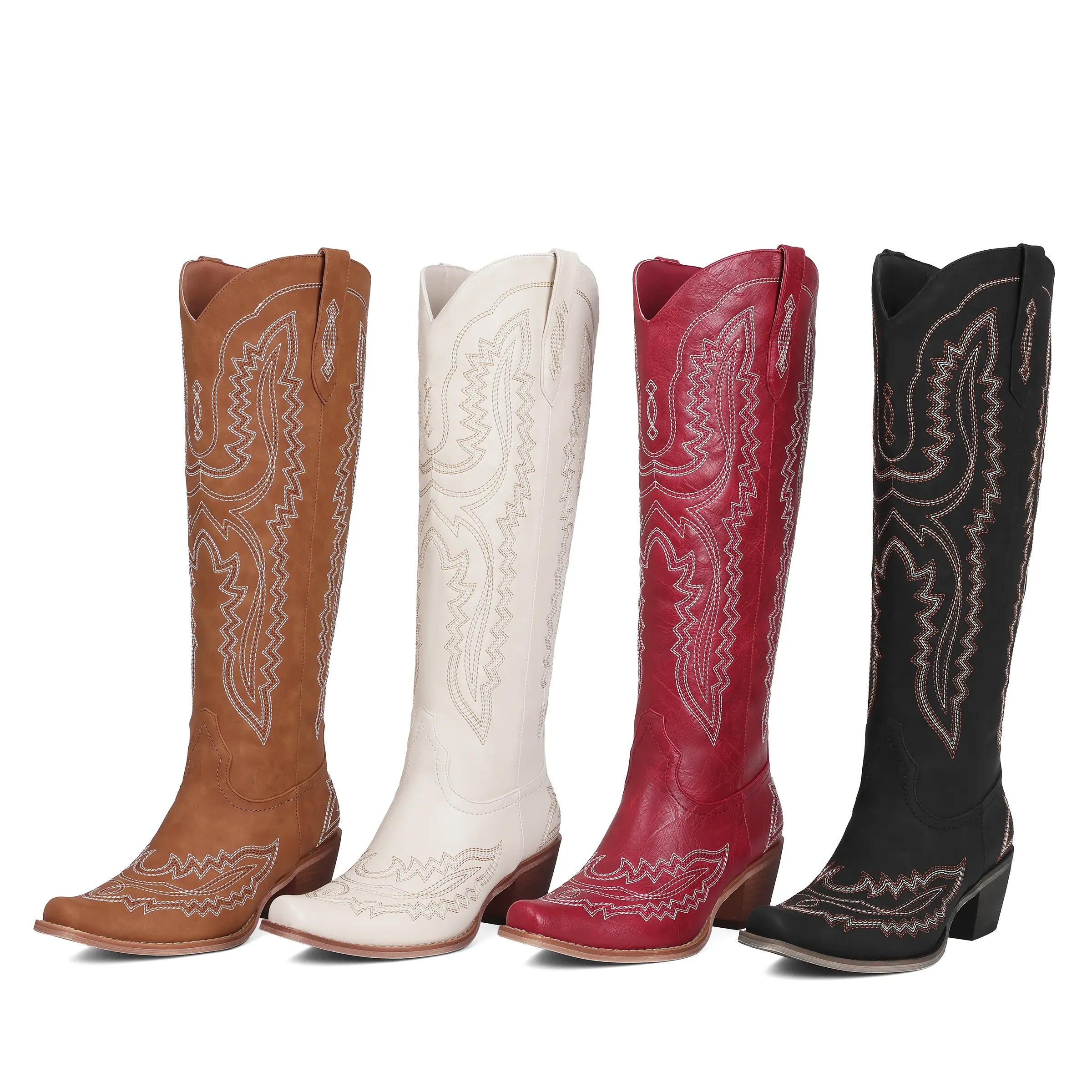 Embroidered Western Cowboy Boots - Women's Pointed Toe Knee High Cuban Heel Boots