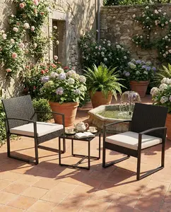 3-Piece Outdoor Patio Furniture Set – Wicker Chairs + Bar Table with Cushions