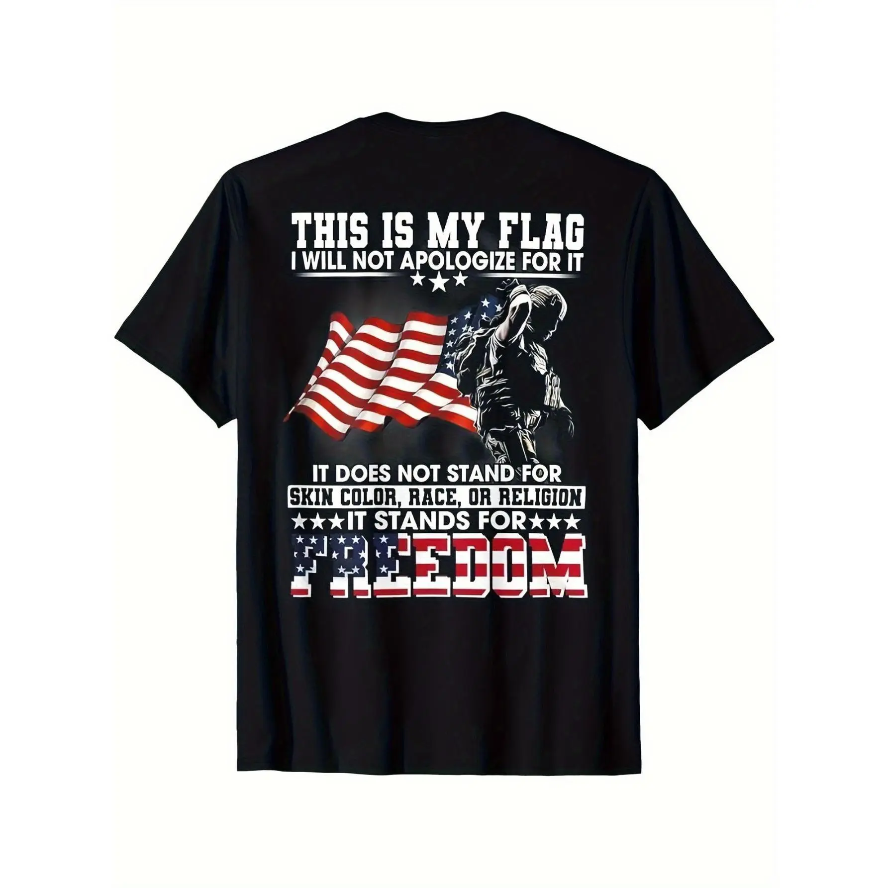 Vintage Patriotic American Flag & Soldier Print T-Shirt - 100% Cotton Unisex Casual Tee with Bold "Stand for Freedom" Slogan, Regular Fit Short Sleeve Shirt for Men & Women - Ideal Gift for Dad, Mom, Friends, American Flag Clothes Black Classic