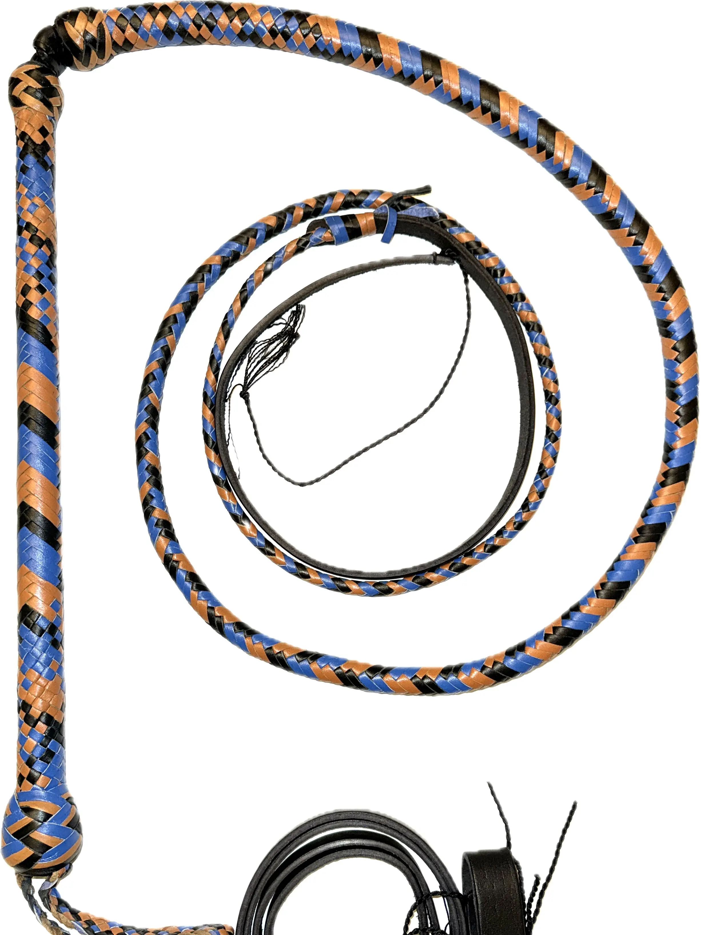 EPT Stock Bull Whip All Leather 16 Ply Orange Blue Black 4ft to 6ft Handmade with Storage Strap & Extra Crackers 24" Leather Cracker 18" Handle 1" Thick Durable Construction Vibrant Colors