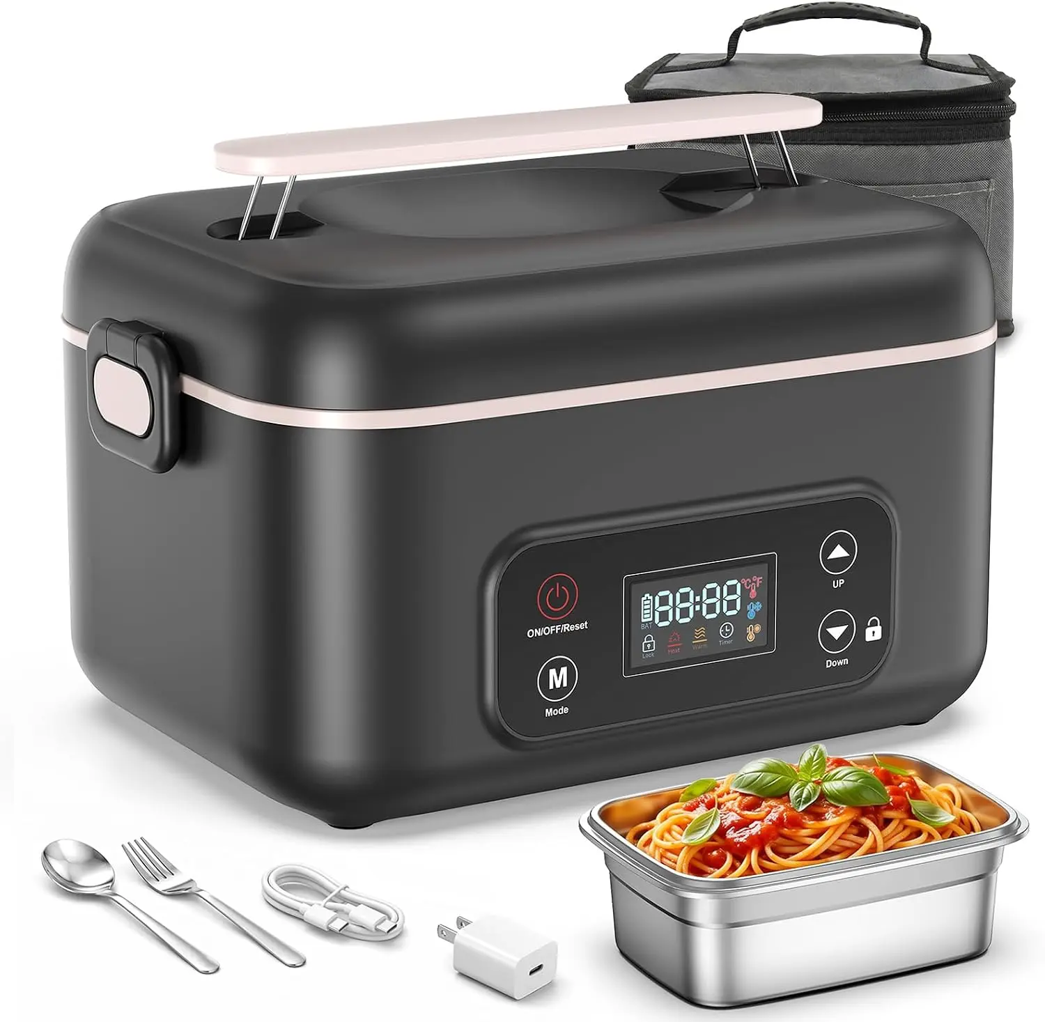 Cordless Electric Heated Lunch Box with Auto Heat, 5.5 Cups, 24000mAh Rechargeable Battery, 100W, 360° Heating, Digital Control, BPA-Free 304 Stainless Steel Container, Spoon, Insulated Carry Bag, Removable Tray Divider