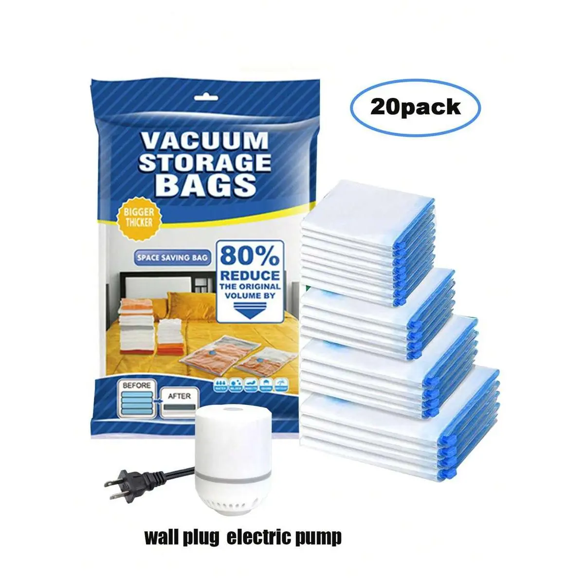20pcs/Set Transparent Vacuum Compression Storage Bag, Modern Vacuum Compression Storage Bag For Home,Dustproof Sealed Storage Container For Clothes, Blankets, Shirts, 8Small/ 4Medium/4Large/ 4Jumbo, Travel Accessories,Including Electric Air Pump Halloween
