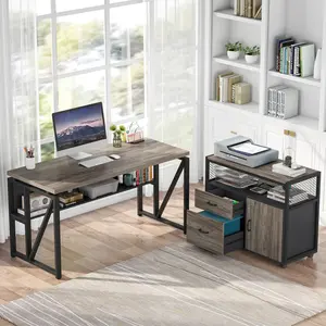 LITTLE TREE Office Computer Desk with Cabinet Sets,55 inches Executive Desk with Mobile File Cabinet Drawers Shelves for Home Office Furniture (1 Desk + 1 Cabinet)