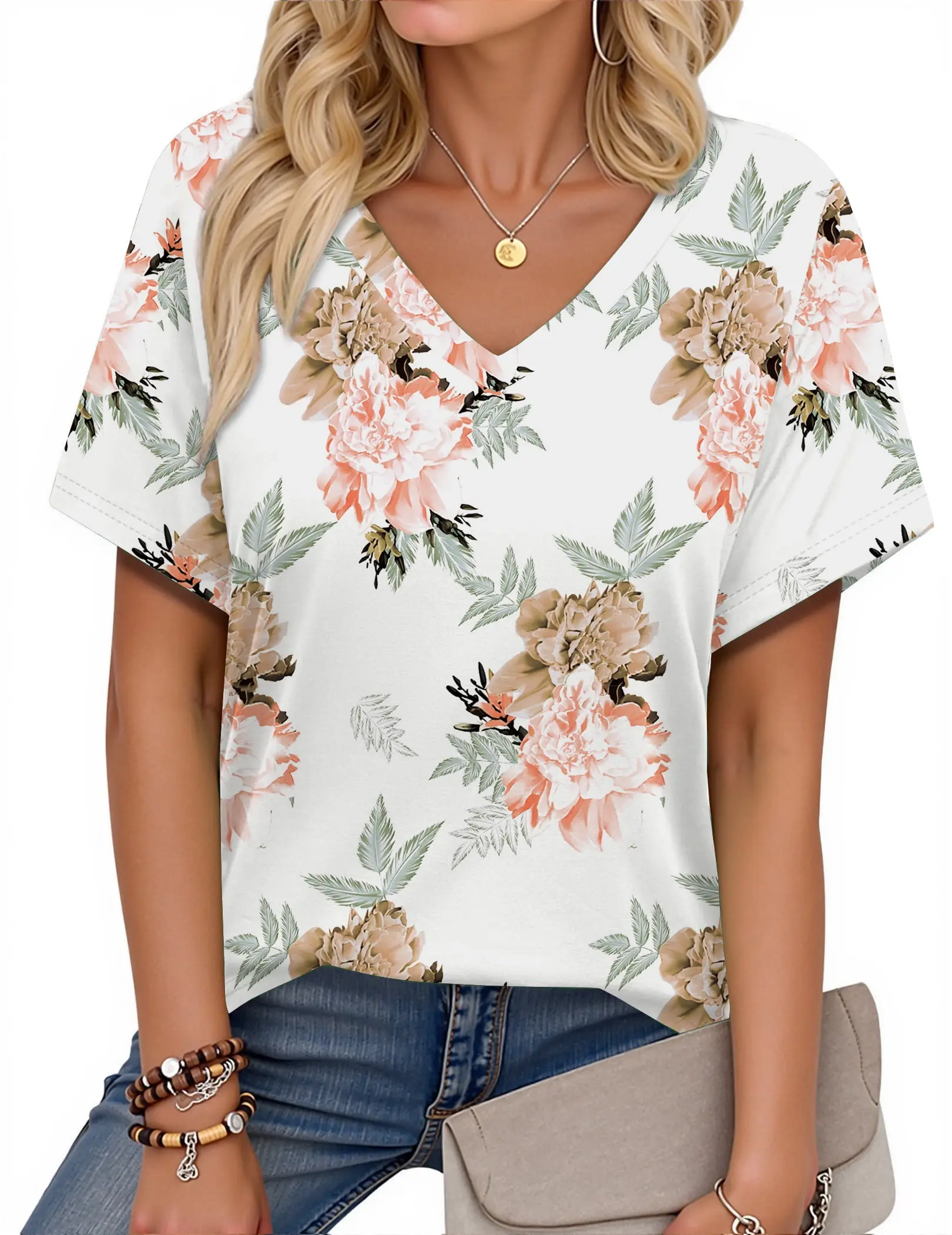 Womens V Neck Floral Summer Tops For Casual Daily Wear Short Sleeve Printed Tunic Shirts Loose Fit Tee Blouse