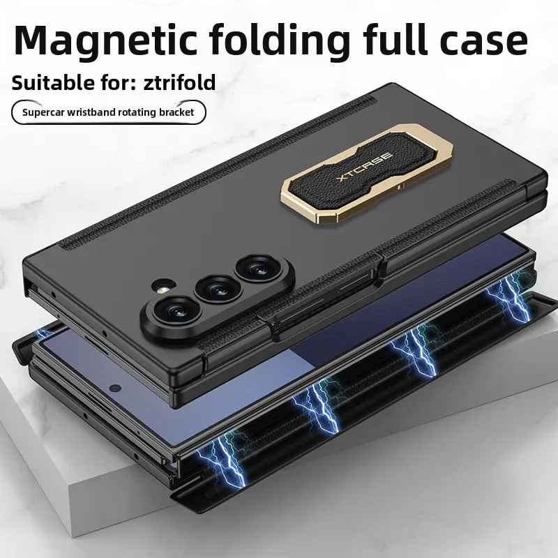 Leather Smartphone Protector for Samsung Z TriFold, Men's Luxury Casing with Magnetic Hinge Protection, Rotating Stand, and Wrist Strap, Cover