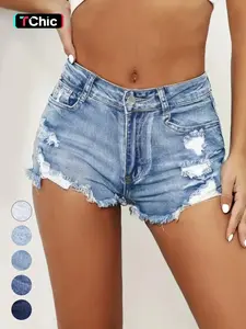 Women's Ripped Slash Pockets Light Wash Denim Shorts, Casual Trendy Fitted Raw Hem Jean Shorts for Daily Wear, Ladies Summer Bottoms, Casual Stretch Shorts