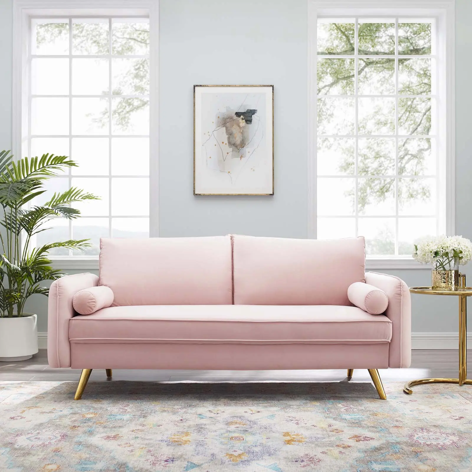 Modway Revive Performance Velvet Upholstered Sofa Couch, Pink Indoor Furniture