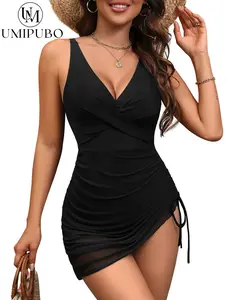 Women One Piece Swimsuits Tummy Control Swim Dress Front Cross Bathing Suits Mesh Sheer Sarong Wrap Slimming Swimwear