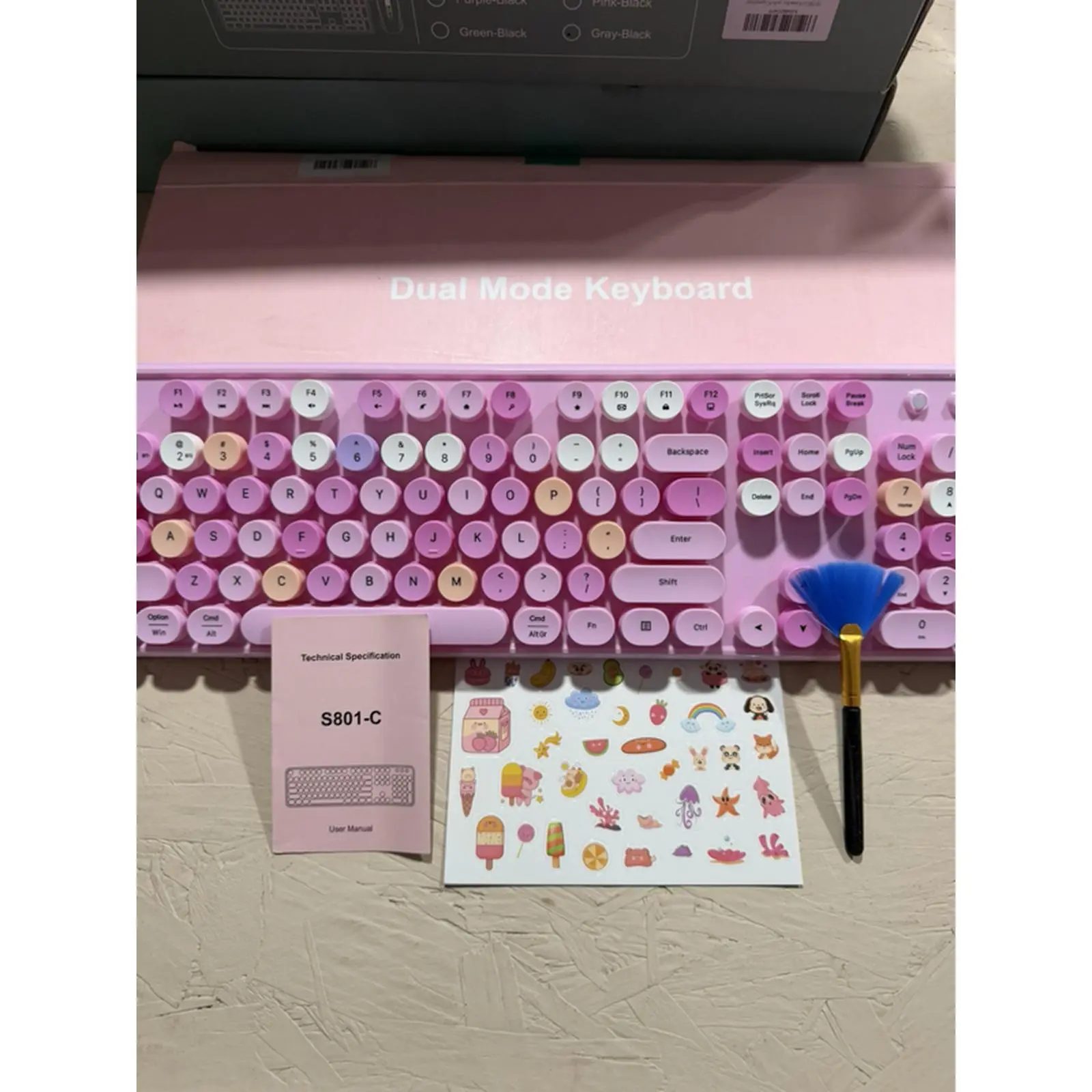 S801-C Dual-Mode Wireless Keyboard Pink Multicolor Full-Size QWERTY Layout with Number Pad Retro Round Keys Bluetooth & USB Receiver Included