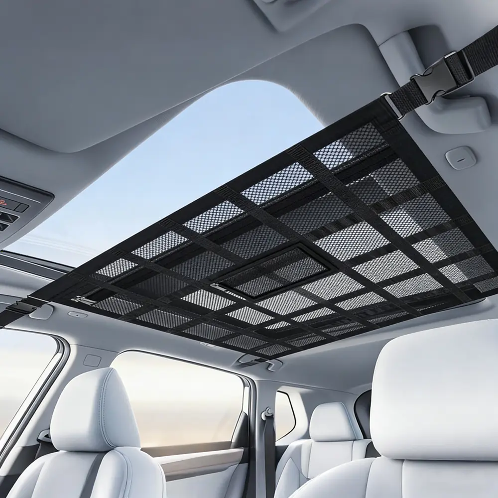 Double-Layer Polyester Universal Car Ceiling Mesh Net Cargo Organizer - 19.69in x 27.56in Auto Accessories with Webbing Strap Buckle, Space-Saving for Trucks, SUVs