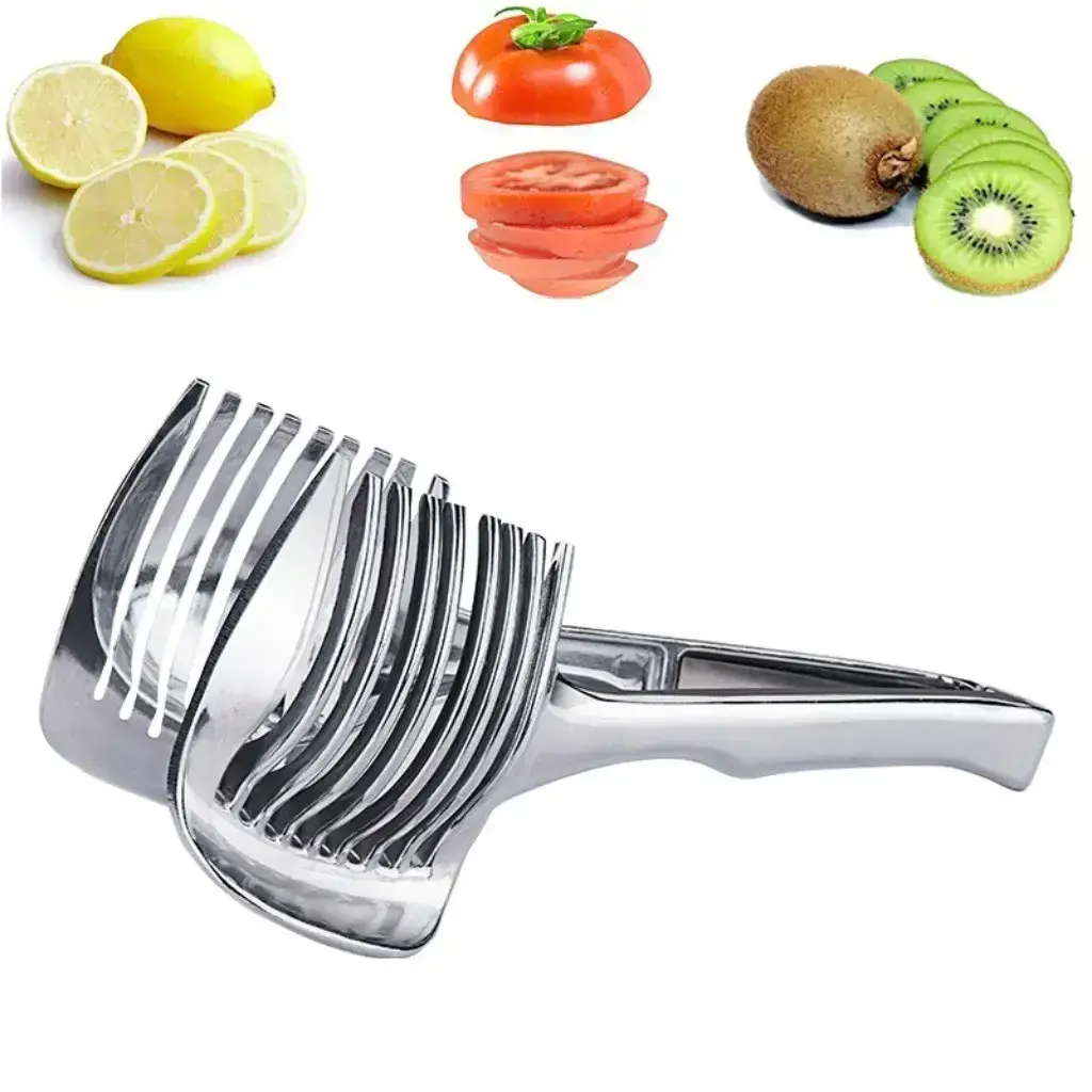 Durable Stainless Steel Fruit and Vegetable Slicer, Tomato and Lemon Cutter with Handle, Kitchen Cutting Stand Gadget for Homemade Food and Drink