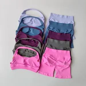 2Pcs Impact Shorts Set Seamless Yoga Set Workout Scrunch Shorts Sets Halter Sports Bra Scrunch Shorts Fitness Clothes Gym set Suit Indoor sports for all seasons Backless Tank Top and Seamless Shorts