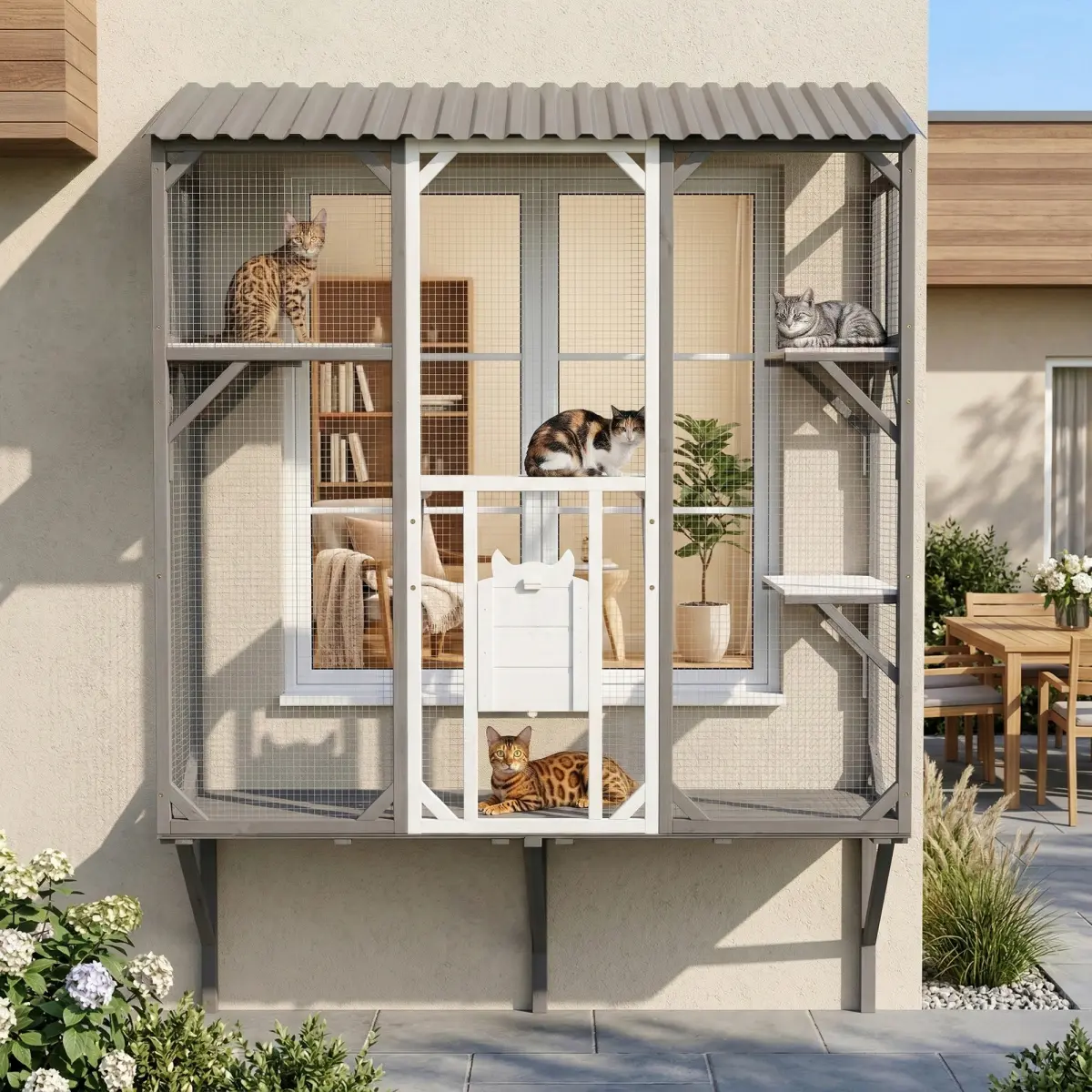 [Bellemave] 67" Window-Mounted Catio Outdoor Cat Enclosure| Wood Cat Patio with Platforms for 1-3 Cats﻿