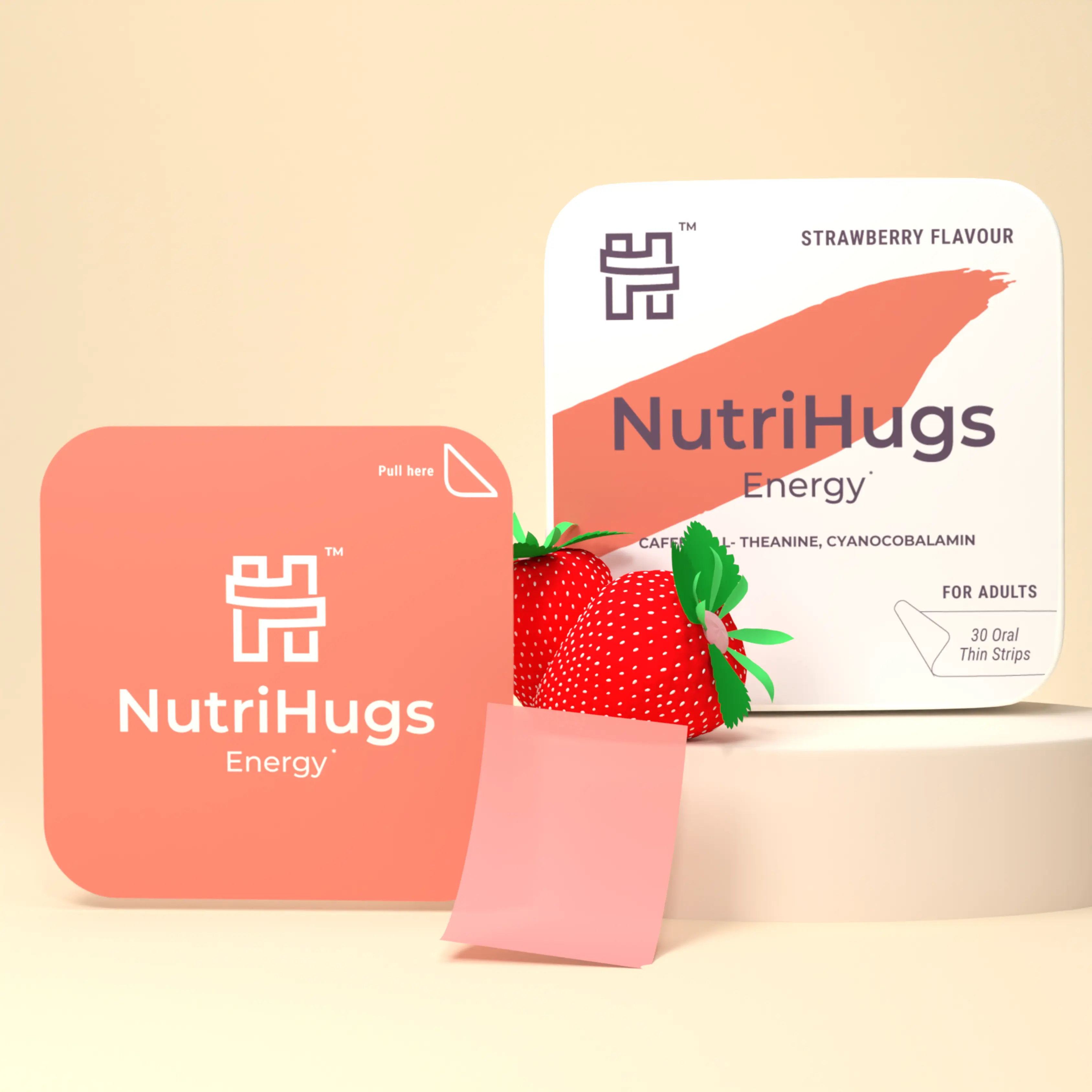 NutriHugs by MedHugs Natural Energy Oral Melt Strips - 30 Strawberry Mint Supplements, 50mg Caffeine Blend, L-Theanine, B12, Sugar Free, Vegan, Non-GMO, Dairy Free, Pocket Size, 24-Month Shelf Life, for Adults' Energy & Focus Support, Compact