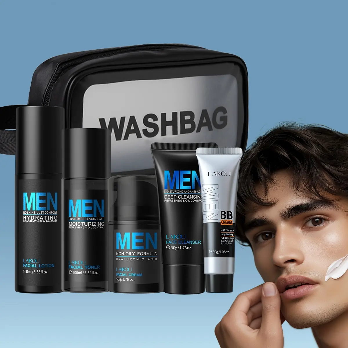 Men's Skincare Set, Extremely Moisturizing Hydration Care Set, Including Facial Cleanser, Toner, Lotion, Cream, BB Cream and Makeup Bag, Skin Care Product for Men