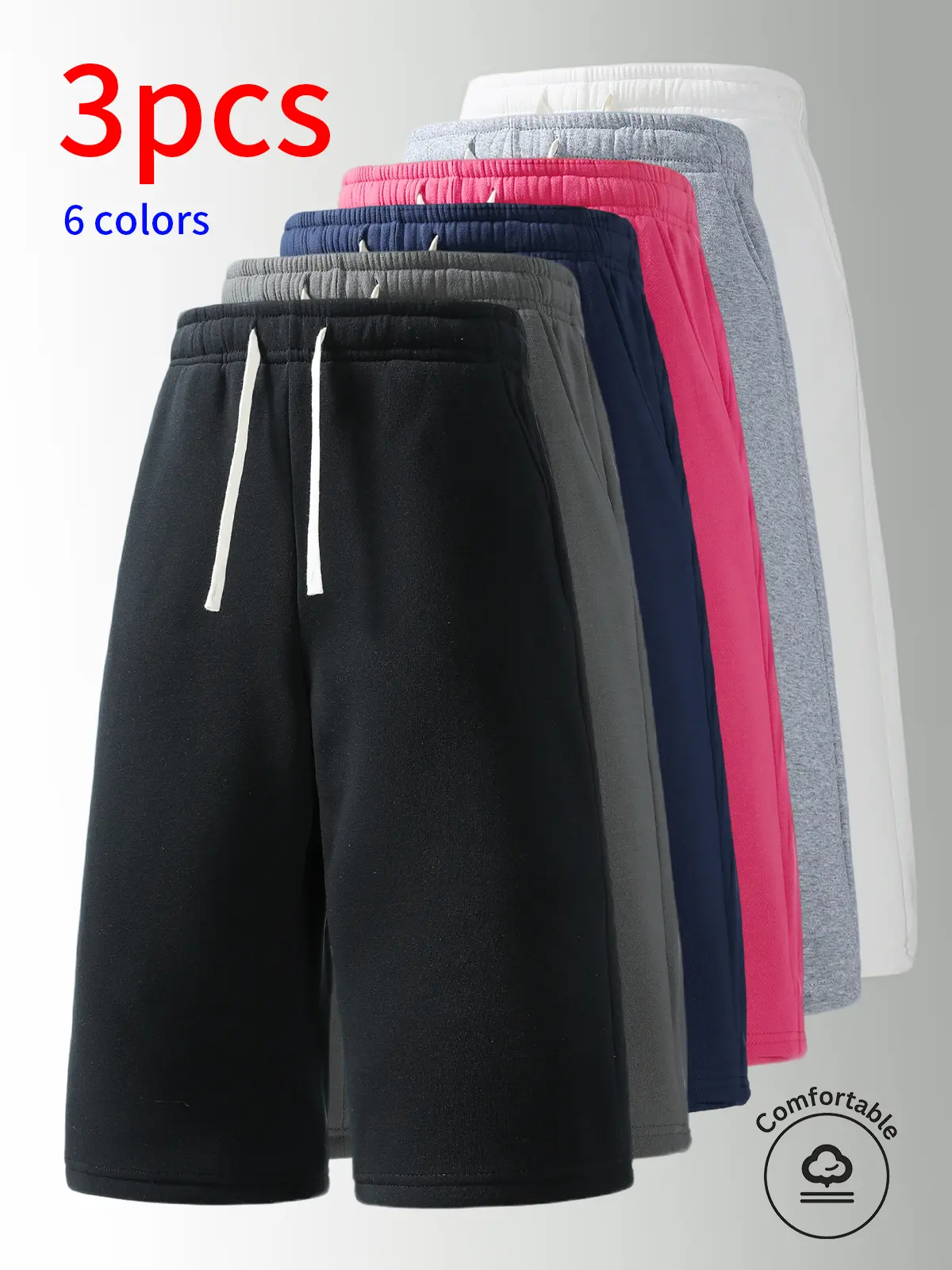 3-Pack Men’s casual 3/4 shorts: elastic waistband drawstring athletic 3/4 shorts. Simple solid color that pairs easily—suitable for summer daily commuting and work, street and outdoor activities, holiday leisure, sports running, a