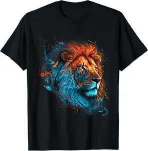 Men's Cotton Short-Sleeve Round Neck T-Shirt - Natural, Soft Sports Casual Top with Roaring Colors Lion Graphic Design