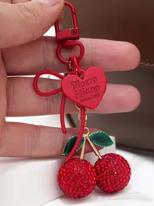 Red Rhinestone Cherry Keychain, Fashionable Alloy Keychain, Sparkling Red Cherry Pendant Paired With Green Leaves, Red Heart, And Bow Pendant, Made Of Alloy Material, Suitable For Fashion Enthusiasts, Valentine's Day Gift, Stylish Keychain