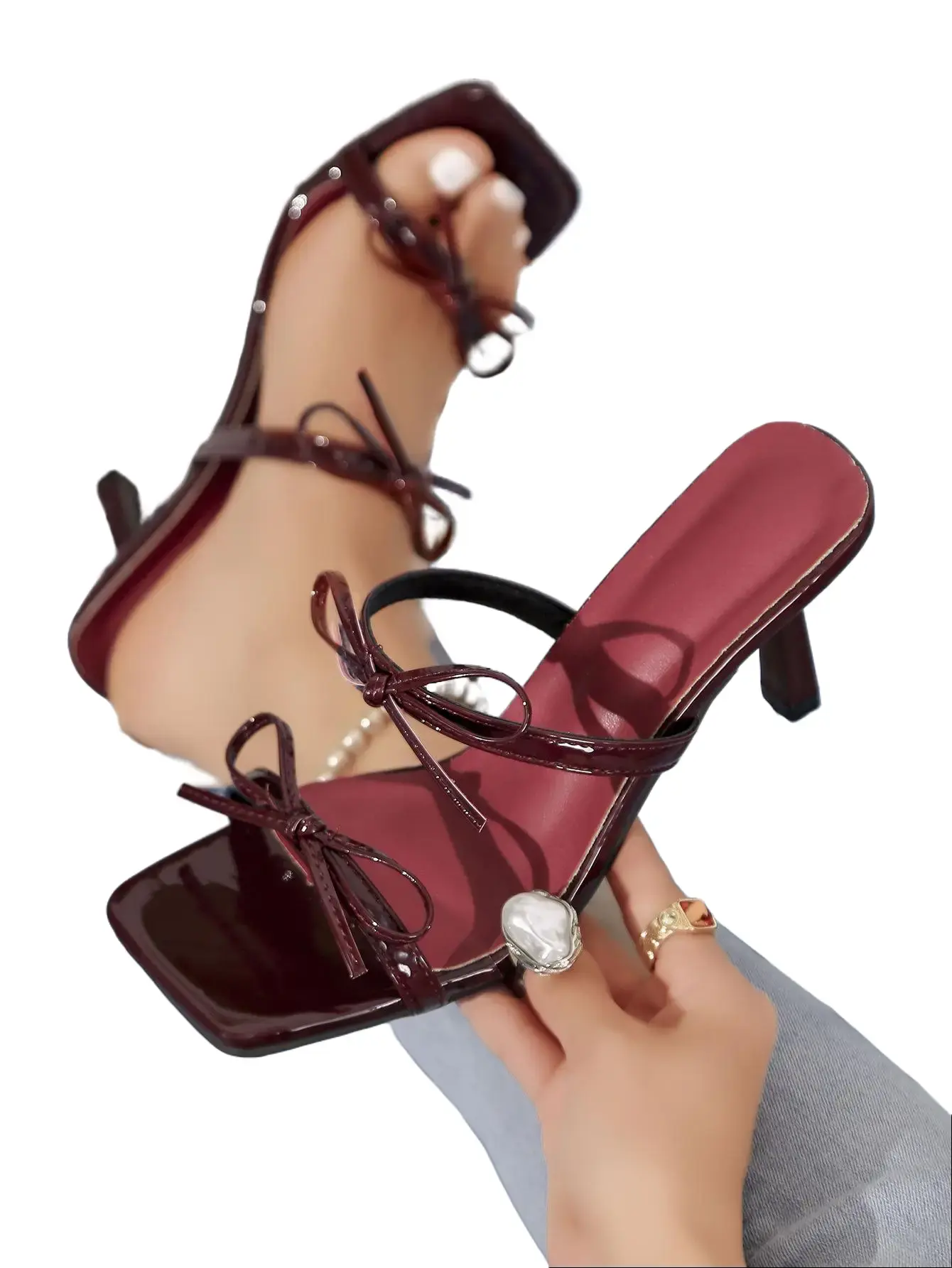 Women's Burgundy Bowknot Open Toe Sandals - Elegant, Comfortable Shoe & Footwear for Daily Commutes, Party Nights - Easy-to-Wear, Stylish Design