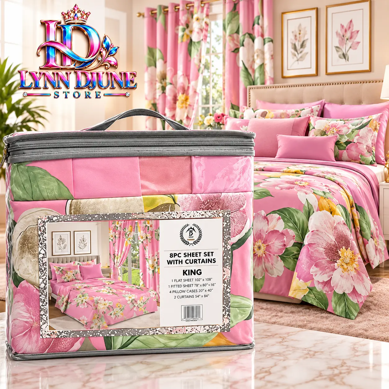 Lynn Djune Store 8 Piece King Size Sheet Set w/ Curtains