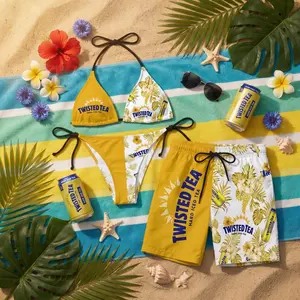 Twisted Tea Yellow & Floral Split Swimwear, Couple Bikini, Matching Swim Trunks, Summer Beachwear