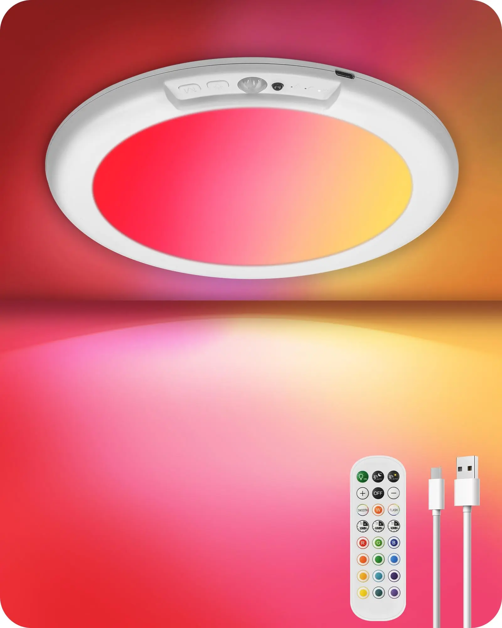 Motion Sensor Rechargeable Shower Light for Inside Shower with Remote, RGBW Battery Operated Ceiling Light, Wireless, Color-Changing Ambient Light, Warm-to-Cool Whites, Dimmable, Timer, Magnetic christmas decoration