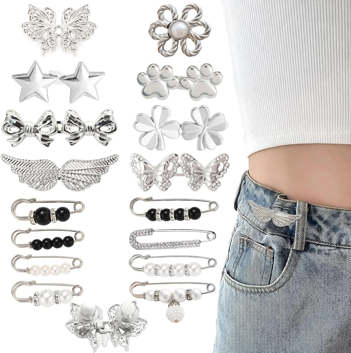 Pant Waist Tighteners with Detachable Buckle - Adjustable Buttons, 8-Style Silvery Metal Pins, Reusable Butterfly Rhinestone Brooch for Loose Jeans, No Sewing or Tools Required, Ideal for DIY Crafts, Denim Skirt Fit Fix, 8 Different Styles, 8 Sets