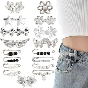 Pant Waist Tightener 8 Styles Adjustable Silvery Buttons Pins for Loose Jeans Reusable Metal Butterfly Brooch for Clothing Dresses Skirts