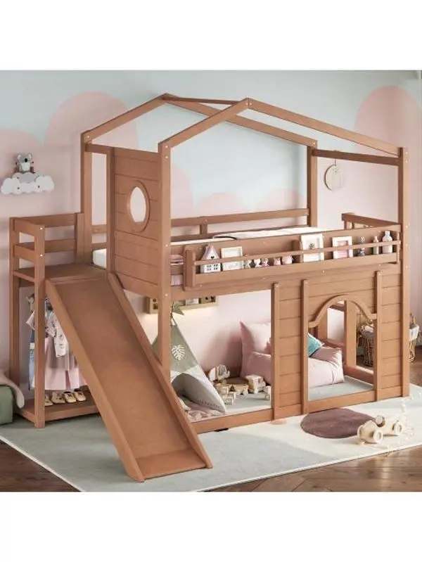 Bellemave Wooden Finish Pine-Plywood Twin Loft Bed Frame with Slide & Shelves, Circular Window, Arched Door, Built-in Wardrobe, Kit Included for Twin Size Mattresses, Circularwindow