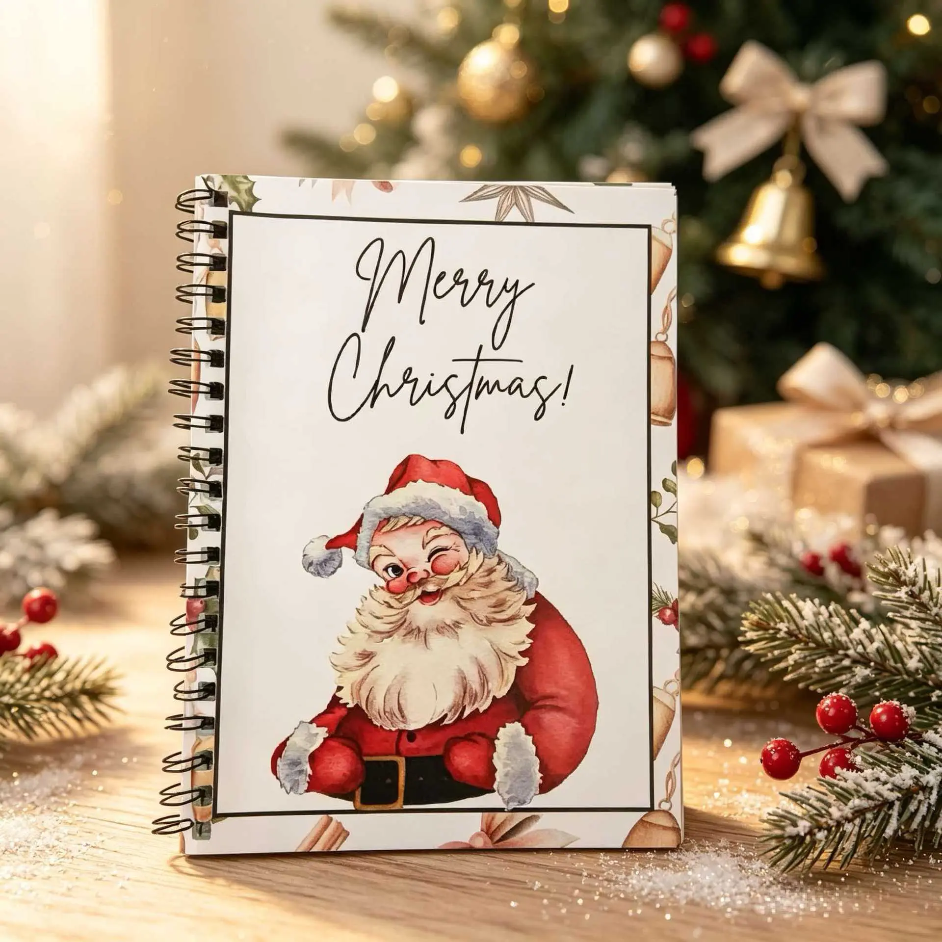 Vintage Santa Christmas Paper-Made Book-Form Gift Card Holder, 12 Slot Holders Holiday Motifs Spiral-Bound Keepsake Album, Ideal Secret Santa Present for Friends