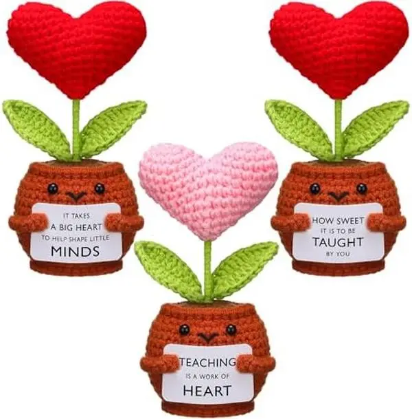 3 Pcs Valentine's Day Teacher Appreciation Gifts Positive Handmade Crochet Doll Thank You for Helping Me Grow Gifts for Women Men Teacher End of Year(Heart)