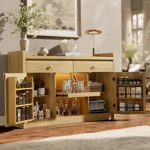 STO'SENSE 55" Buffet Cabinet with Storage, Kitchen Buffet Sideboard with Charging Station & LED Lights, Modern Wood Coffee Bar with Drawers & Door Rack, Large Accent Storage Cabinets with Adjustable Shelves