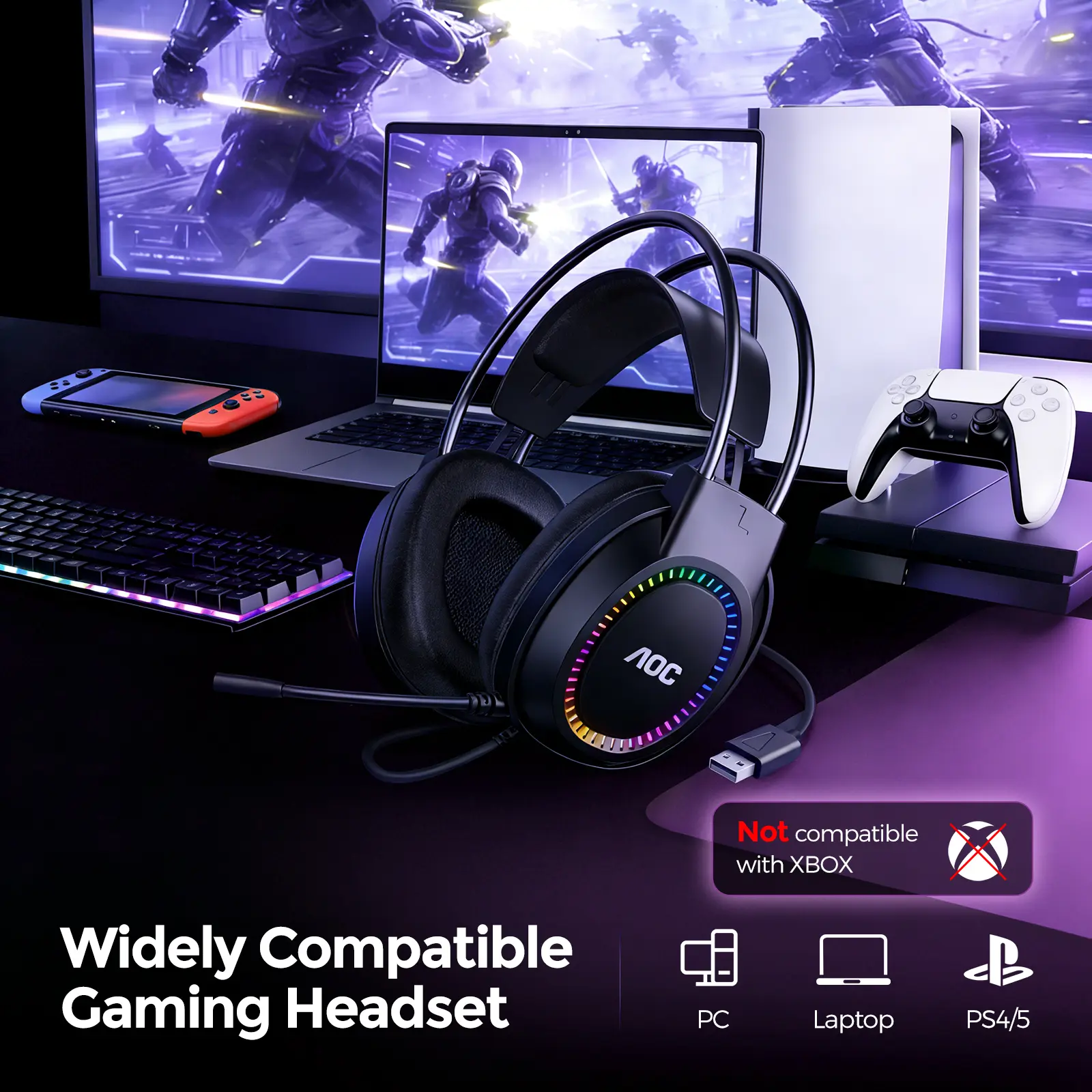 AOC Wired Gaming Headset with Mic, USB Gaming Headphone with Stereo Sound for PC/Laptop/PS4/PS5, 50mm Drivers RGB Corded Headphones for Game/Work/Music, ACG2500