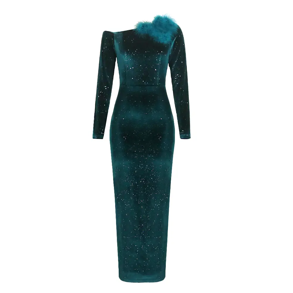 Green Dress Off Shoulder Velvet Suede Wedding Guest Glitter Feather Sheath Pencil Party Elegant  Prom Formal Comfort Elegance Comfortable Womenswear