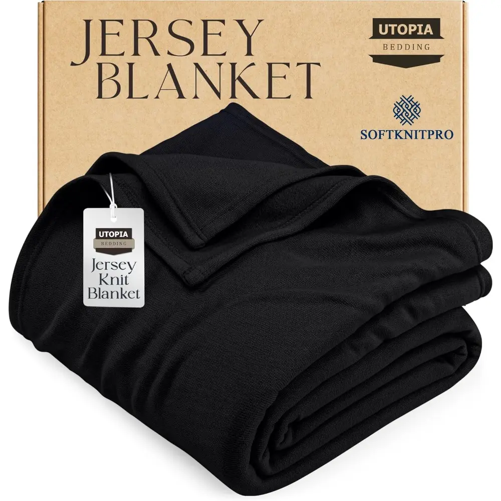 Jersey Knit Soft Fabric Blanket - Queen Size (90x90 in), Black, Lightweight, Breathable Sweatshirt Blanket, Avoid Chemical Iron, Throw for Bed, Couch, Movies & TV, Family Gift