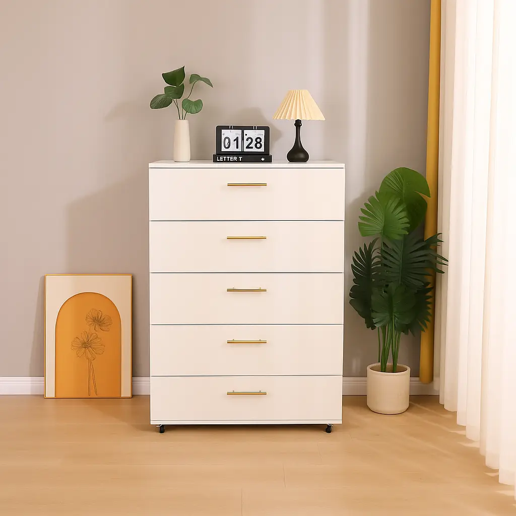 White 5-Drawer Engineered Wood Drawer Chest - Rectangular Mobile Storage Cabinet with Rolling Base, Metal Handles, Smooth Glides, Space-Saving Organizer for Bedroom Closet, Requires Assembly
