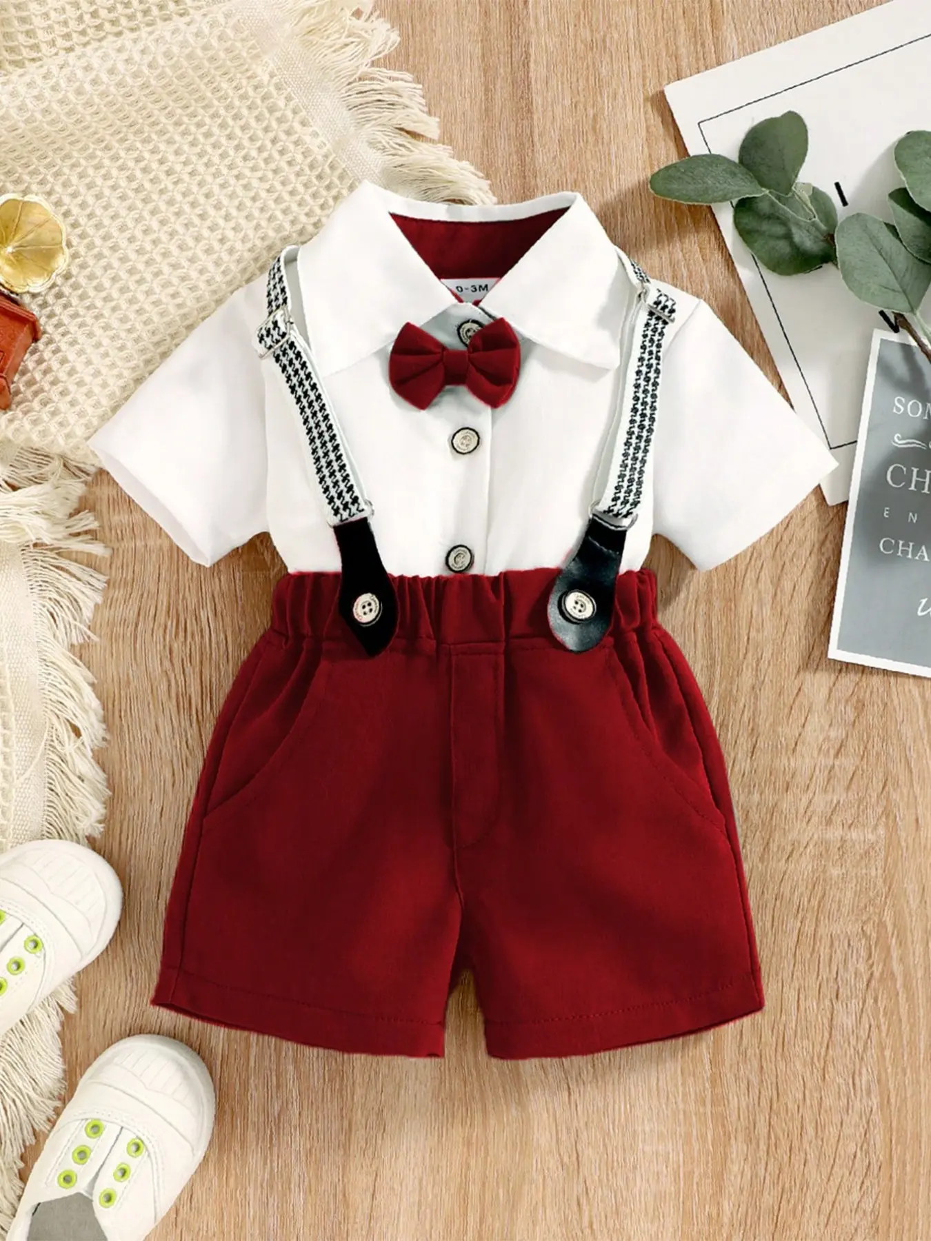 Baby Boy Gentleman Formal Set, Butterfly Knot Bow Tie Shirt Short Sleeve Top + Suspender Shorts, Summer Dress Suit, Baby Clothing, Summer Gift Set