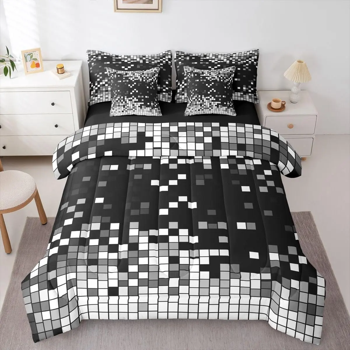 Pixel Art Comforter Set with Sheets 7 Piece Black White Bedding Set Gaming Room Decor Bed in a Bag Retro Gamer Room Decor Soft Lightweight Microfiber