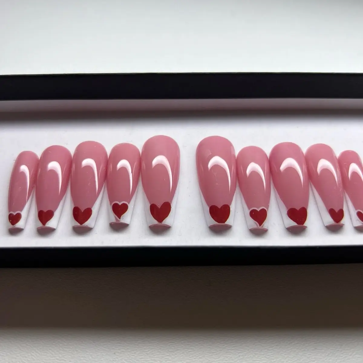 Rosy Pink Heart French WhiteValentines Nails|Luxury Presson Nails |Glue on Trendy Nails|Handmade Nails|Gel X Nails