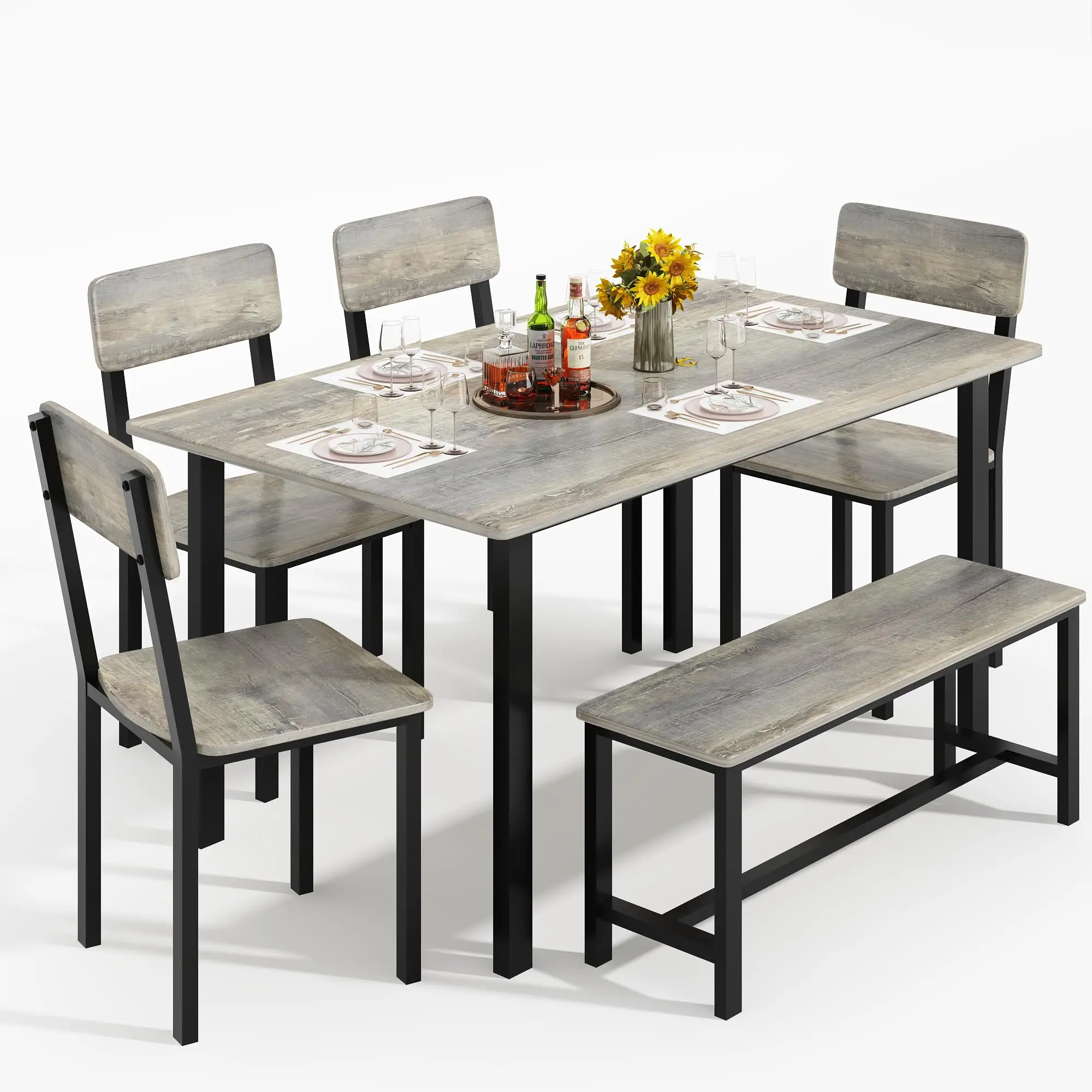 Lamerge Dining Set, Modern Dining Table Set for 4-6,Kitchen Table Set with Chairs and Bench Dining Room Table Set with Metal Frame & MDF Board, Table 
