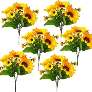 Sunflower Artificial Flower Bouquet with Stems, Artificial Faux Plants, Fake Sunflowers Home Decor Outdoor Indoor Wedding Kitchen Table Centerpiece