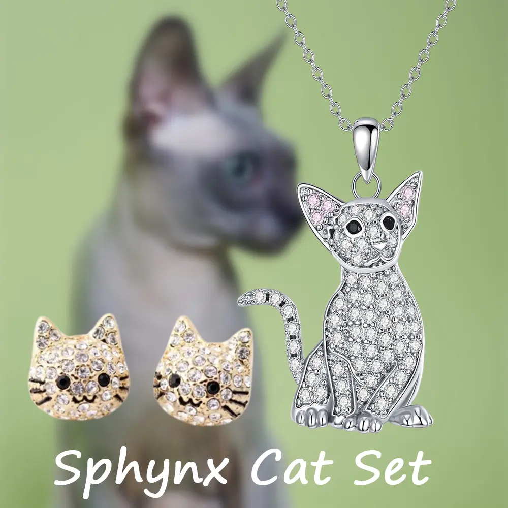 Unisex 3-Piece Sphynx Cat Alloy Costume Jewelry Set - Animal-Themed Necklace Pendant, Cute Stud Earrings, Casual Daily Wear Accessory, Creative Gift for Cat Lovers (Birthday, Christmas), Elegant