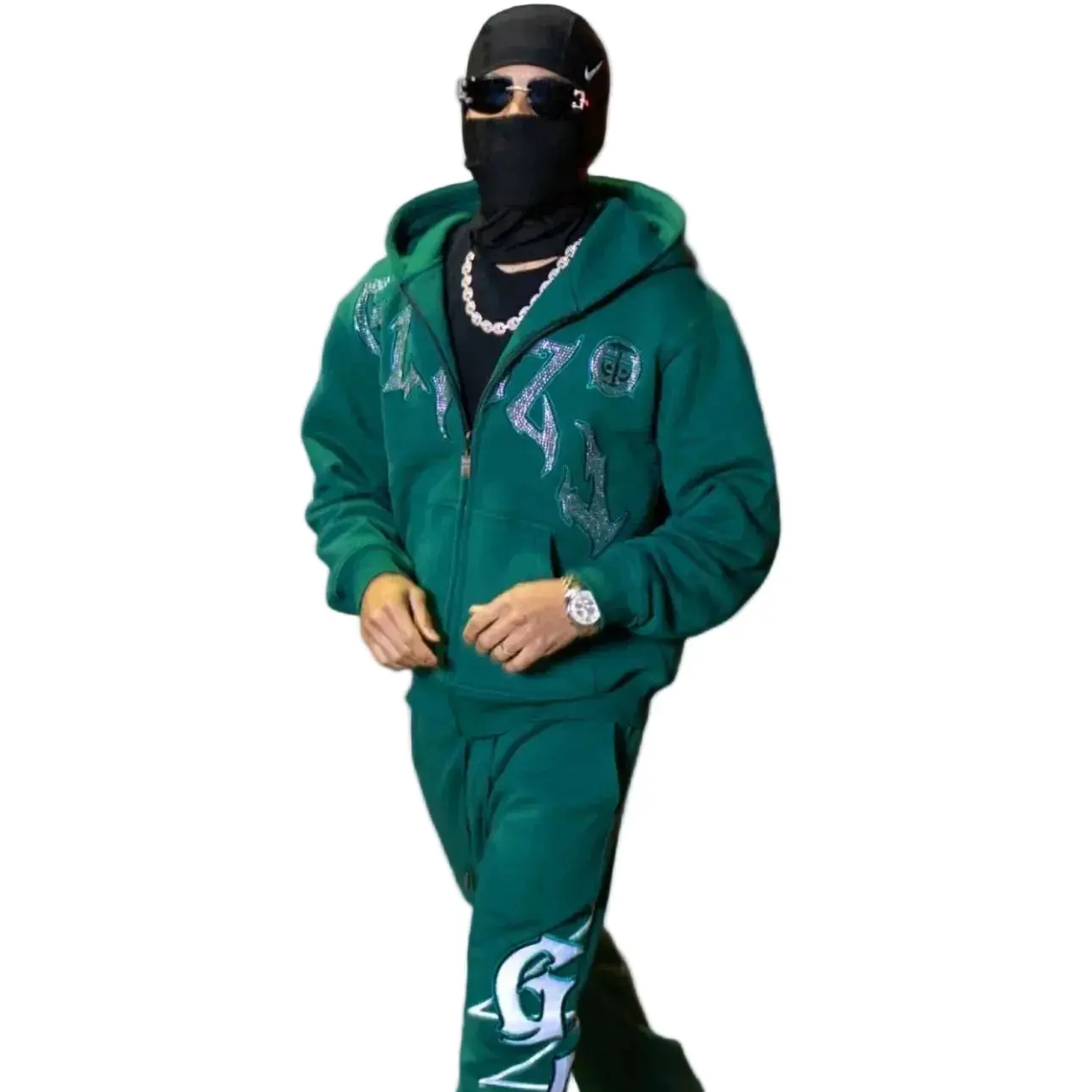 Menswear Casual Cotton Embroidered Sweatshirt Sets - Green